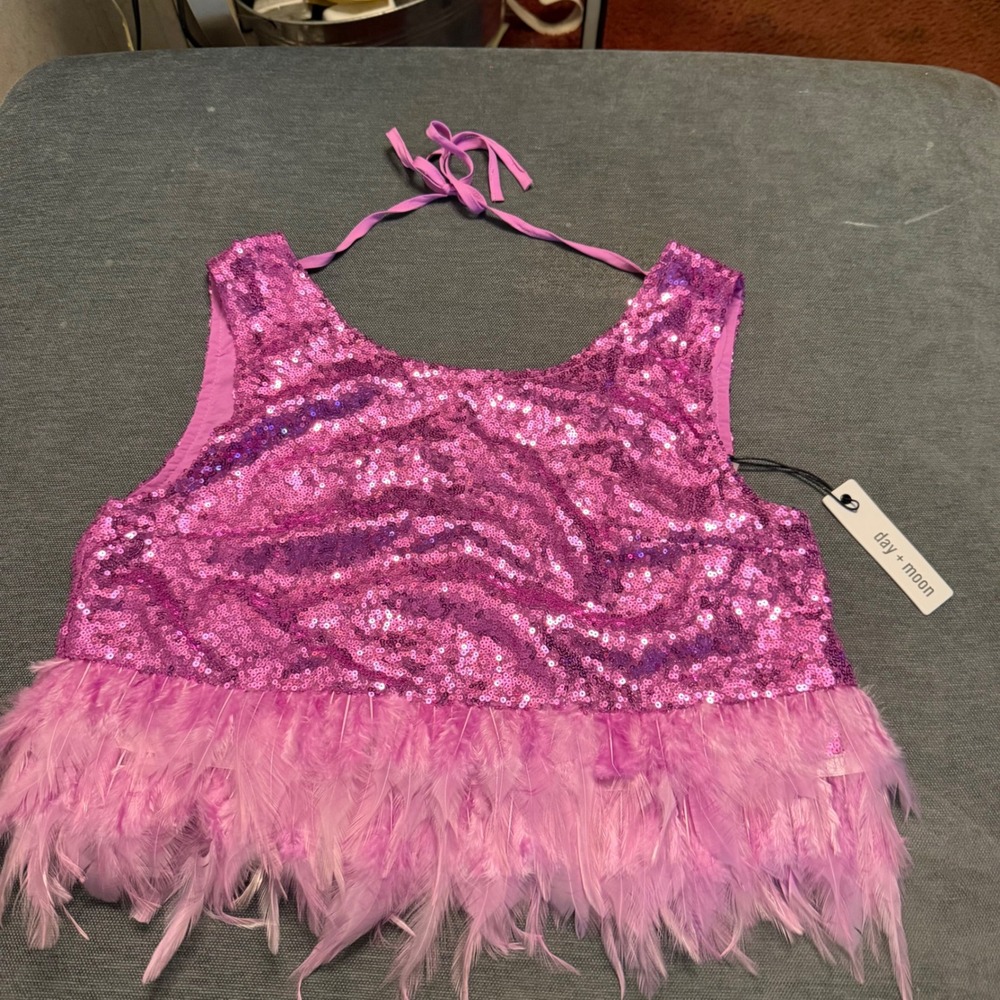 Day + Moon Purple‎ Sequin Feather Trim Crop Top Halter Tie V-Back Party Tank